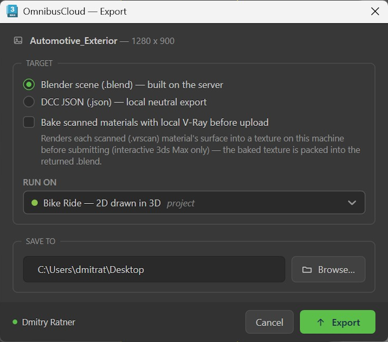The Export dialog, with the Blender scene target selected