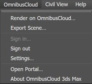 The OmnibusCloud menu inside 3ds Max