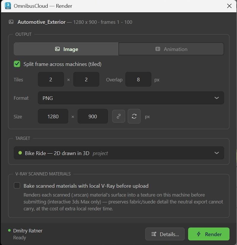 The Render dialog, ready to render