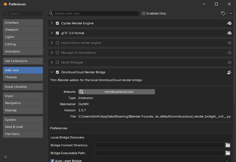 The add-on enabled in Preferences