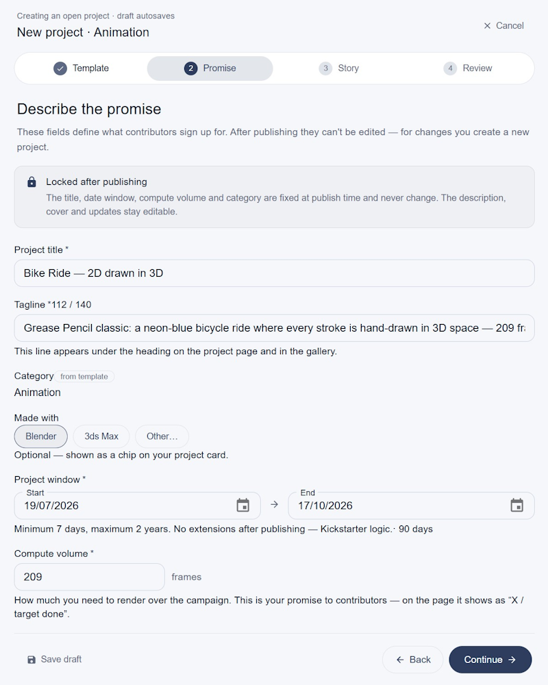 The Promise step with the locked-after-publishing banner