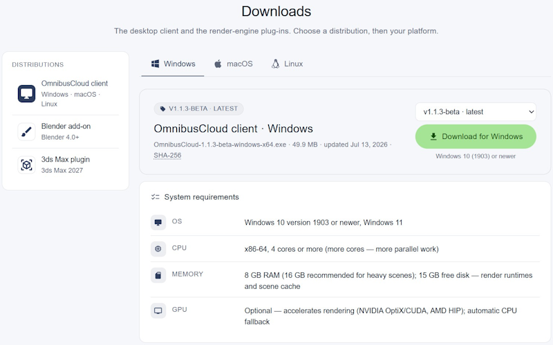 The Downloads page with platform tabs and system requirements