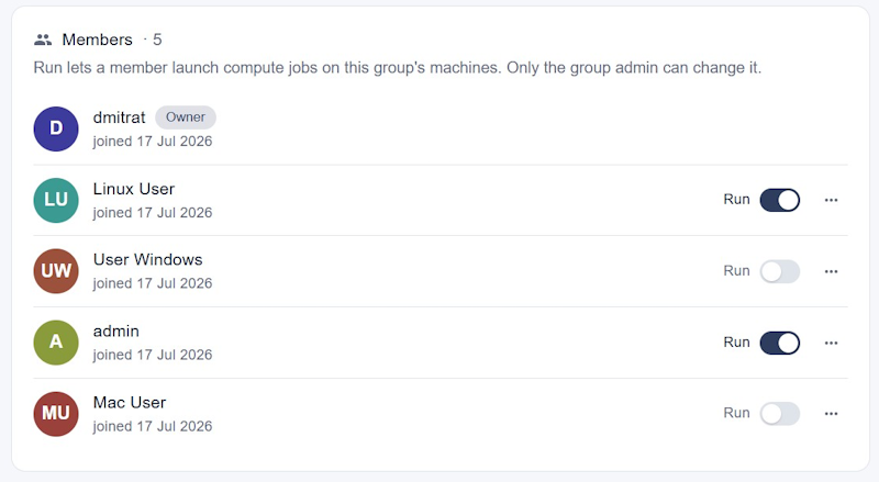 The members list with per-member Run toggles