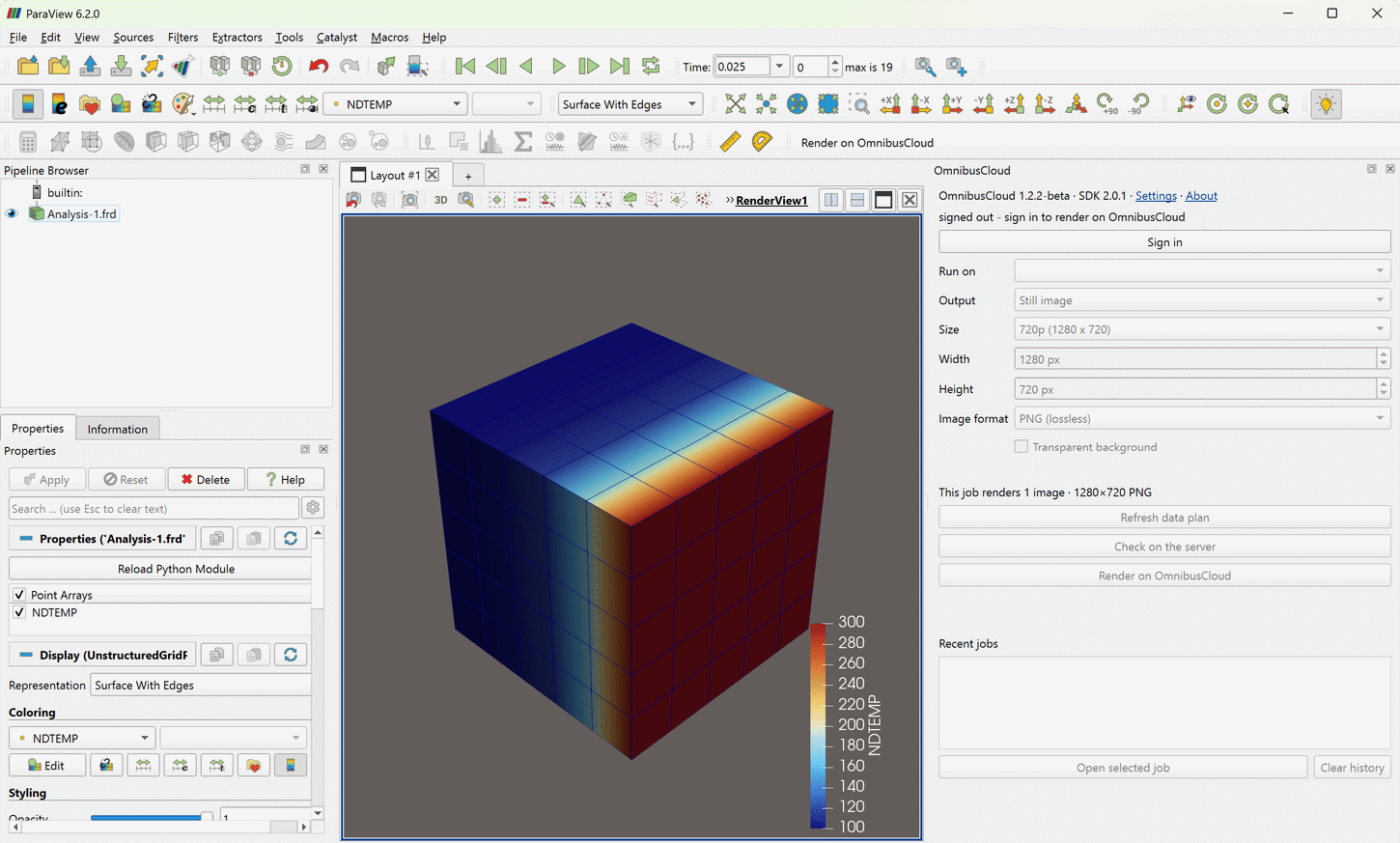 A transient CalculiX result in ParaView, colored by NDTEMP