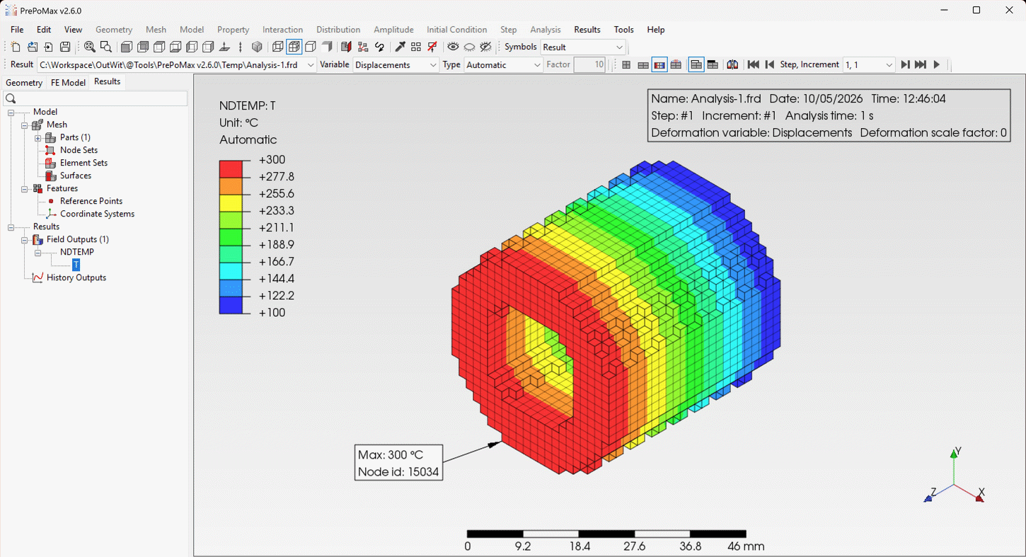 A tube meshed with tetrahedra, solved in the cloud: the result on the grid