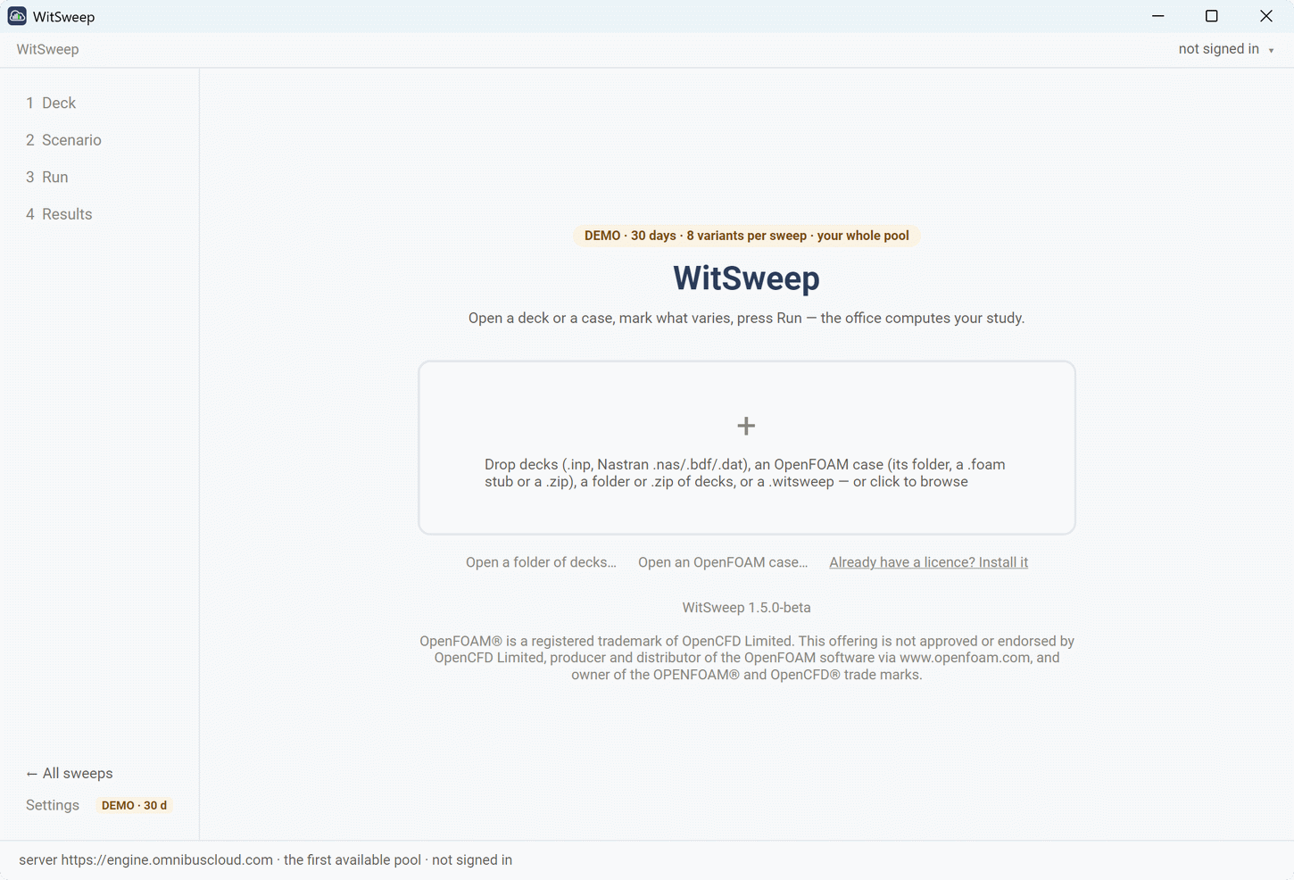 WitSweep on its first start, in the demo