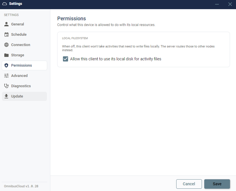 The client's Permissions settings, where turning off local disk use routes file-writing tasks to other machines