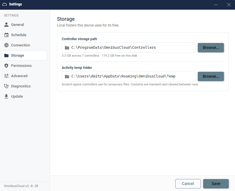 The client's Storage settings, showing the activity temp folder that is cleared between runs